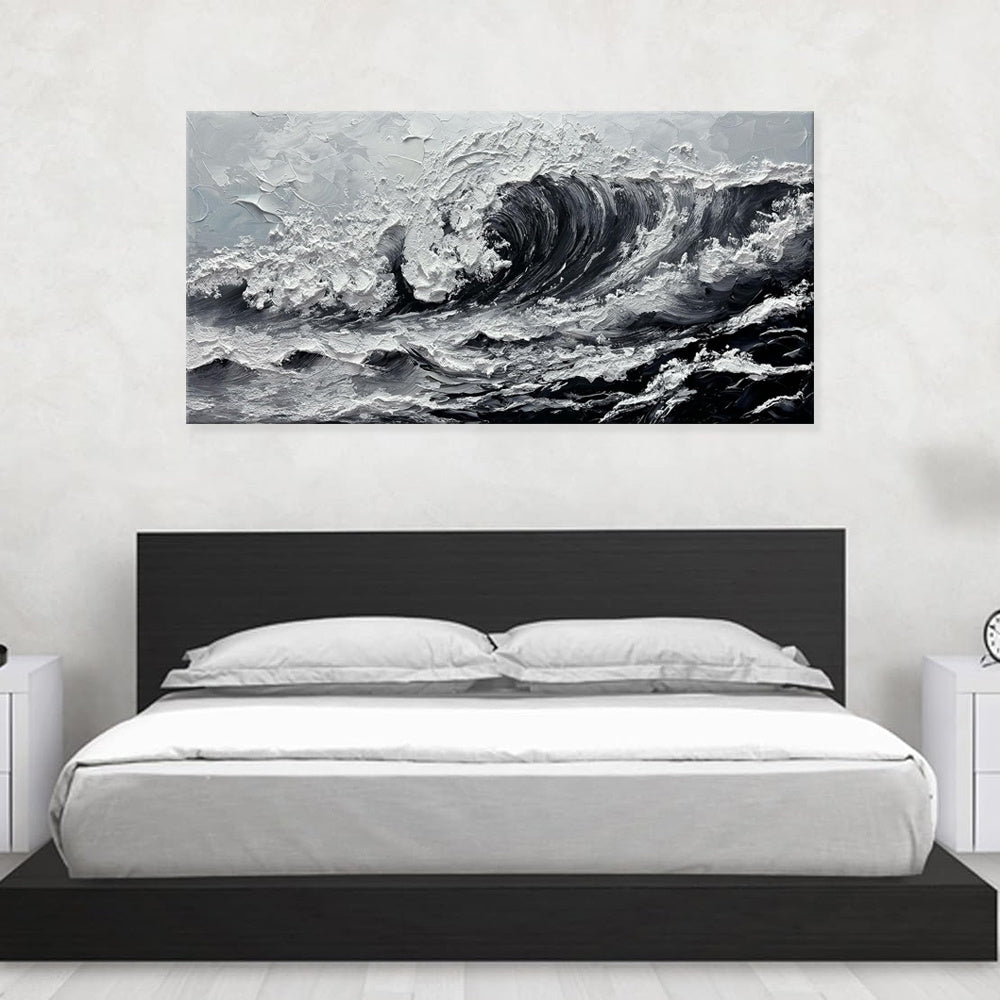 Large Gray And White Seawaves Seascape Oil Painting On Canvas Handmade Black Texture Knife Thick Wall Art For Living Room Decor Mural