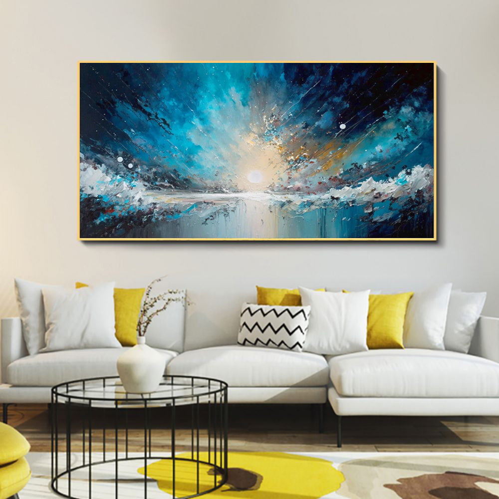 Handmade Oil Painting Canvas Wall Art Decoration Abstract Blue Starry Sky Ocean  Artwork For Home Living Room Decor Rolled Frameless Unstretched Painting