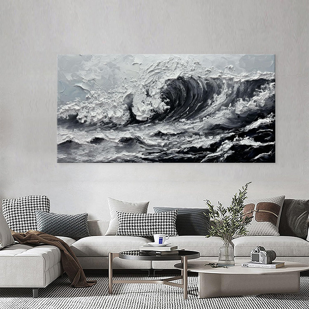 Large Gray And White Seawaves Seascape Oil Painting On Canvas Handmade Black Texture Knife Thick Wall Art For Living Room Decor Mural