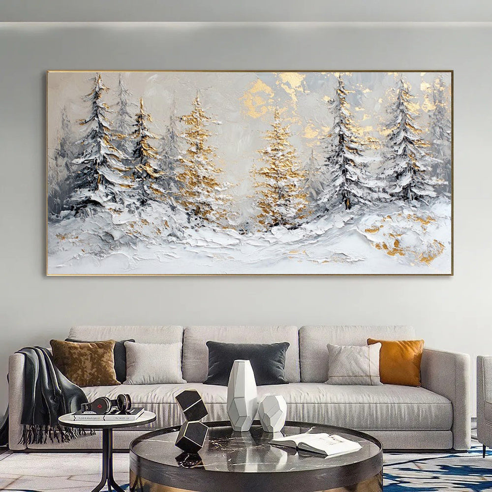 Handmade Oil Painting Canvas Wall Art Decoration Christmas Snowy Winter Scene Golden Pine Trees For Home Decor Rolled Frameless Unstretched Painting