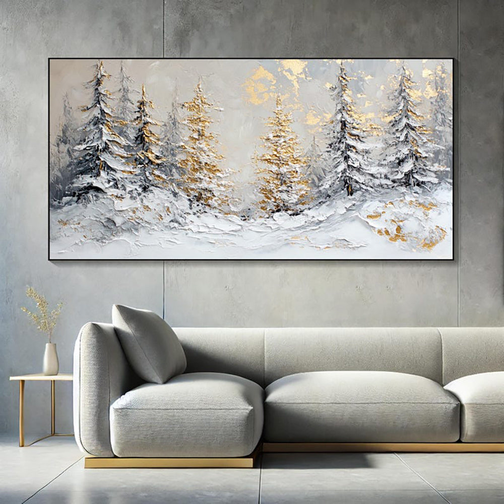 Handmade Oil Painting Canvas Wall Art Decoration Christmas Snowy Winter Scene Golden Pine Trees For Home Decor Rolled Frameless Unstretched Painting