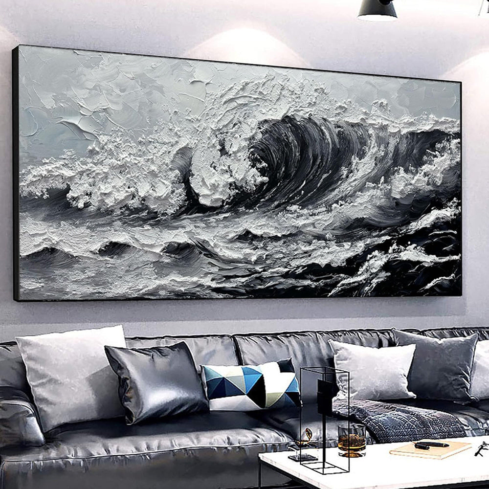 Large Gray And White Seawaves Seascape Oil Painting On Canvas Handmade Black Texture Knife Thick Wall Art For Living Room Decor Mural