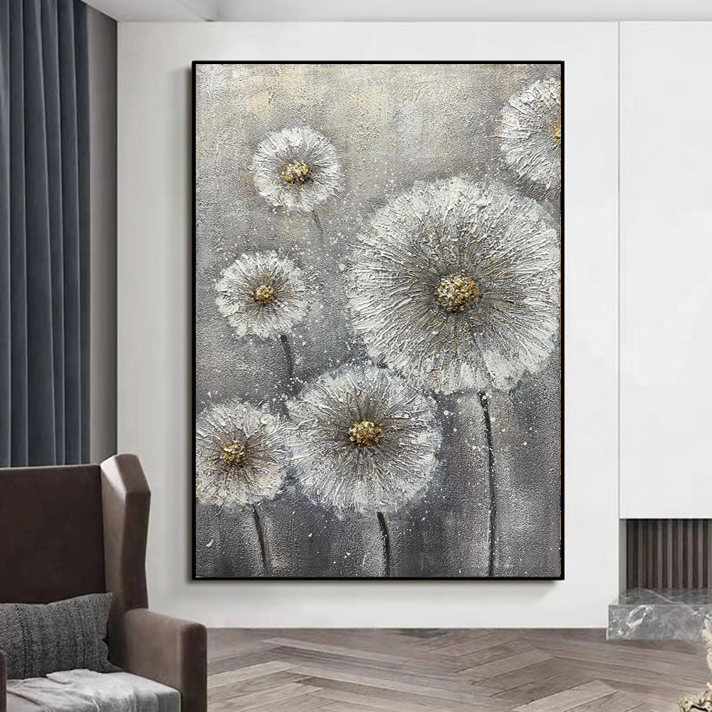 Real Handmade Texture White Flower Plant Grey Canvas Oil Paintings Large Wall Art Picture For Home Decor Painting Gift Artwork