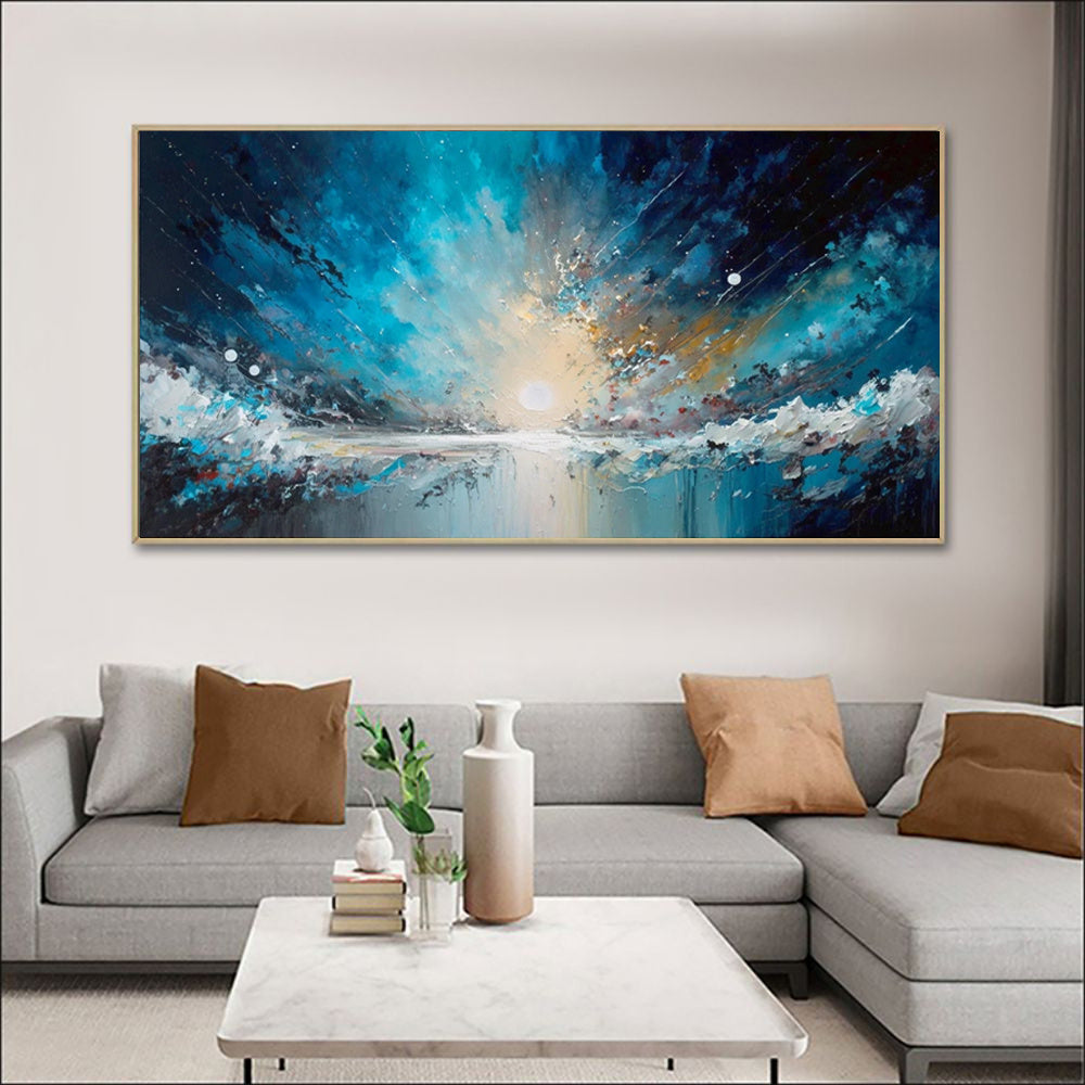Handmade Oil Painting Canvas Wall Art Decoration Abstract Blue Starry Sky Ocean  Artwork For Home Living Room Decor Rolled Frameless Unstretched Painting