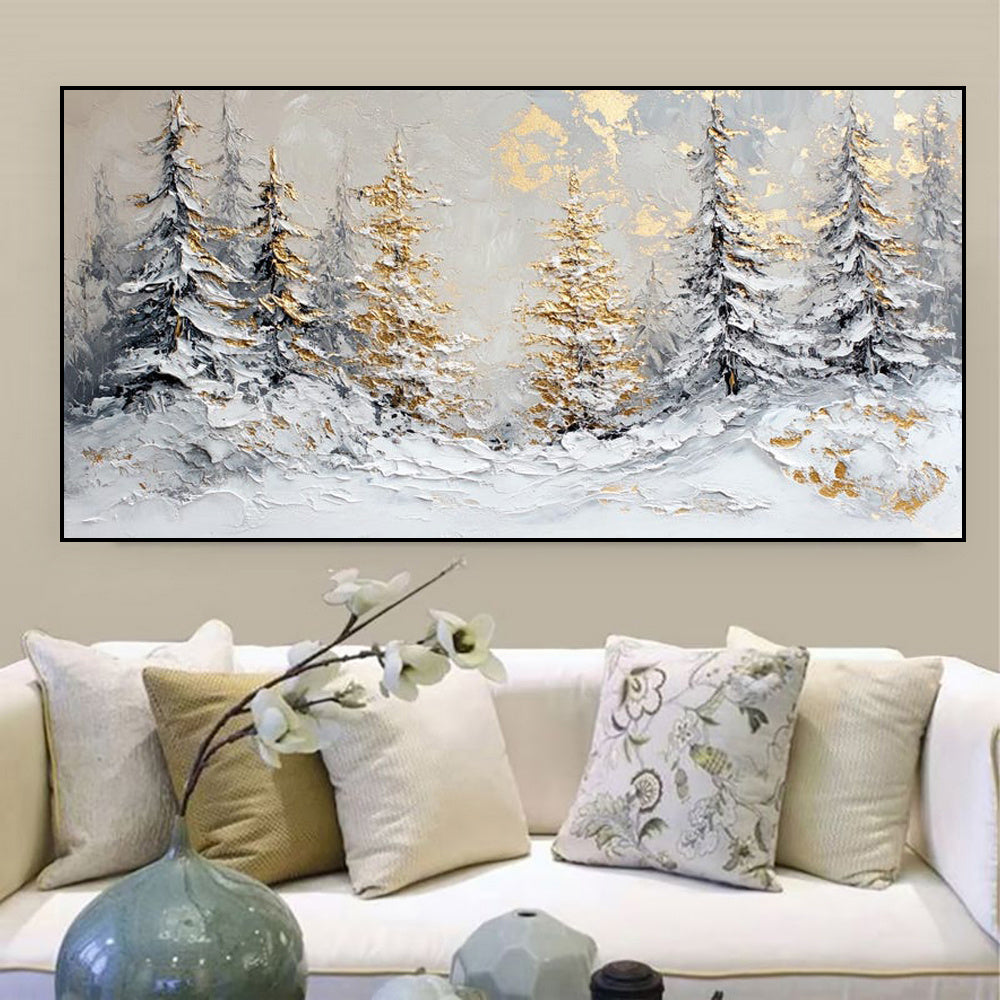 Handmade Oil Painting Canvas Wall Art Decoration Christmas Snowy Winter Scene Golden Pine Trees For Home Decor Rolled Frameless Unstretched Painting