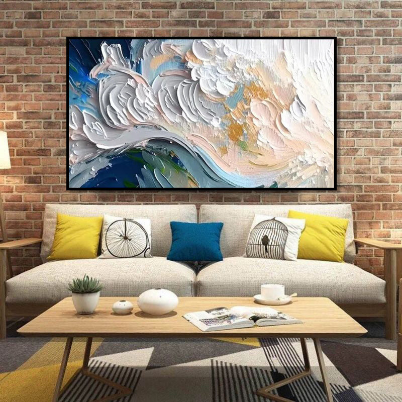 New Design Green Blue And White Seawaves Thick Canvas Handmade Oil Painting Original Abstract Beige Blue Sea Scape Wall Art Decor