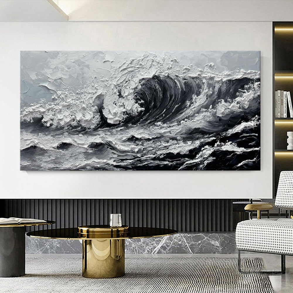 Large Gray And White Seawaves Seascape Oil Painting On Canvas Handmade Black Texture Knife Thick Wall Art For Living Room Decor Mural