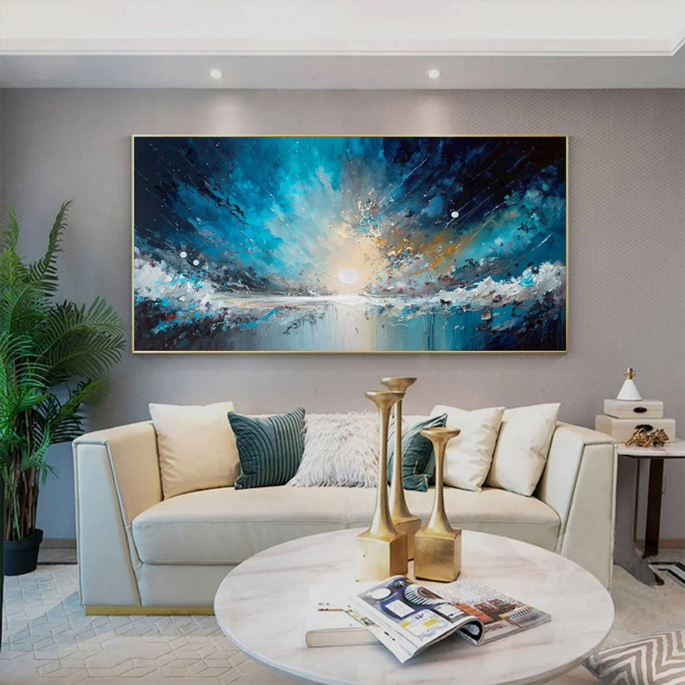 Handmade Oil Painting Canvas Wall Art Decoration Abstract Blue Starry Sky Ocean  Artwork For Home Living Room Decor Rolled Frameless Unstretched Painting