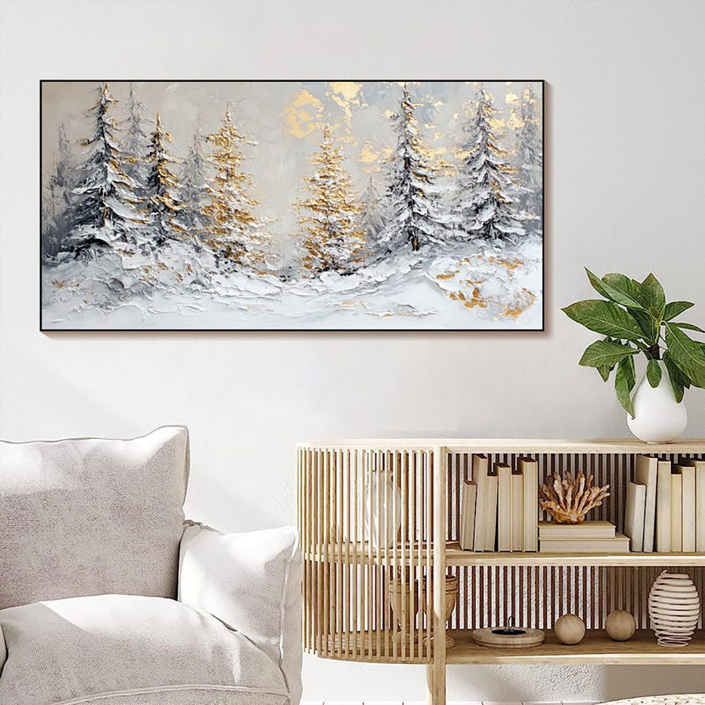 Handmade Oil Painting Canvas Wall Art Decoration Christmas Snowy Winter Scene Golden Pine Trees For Home Decor Rolled Frameless Unstretched Painting